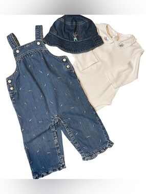 Janie and Jack Lavender Skies Denim Overalls, Bodysuit and Hat 12-18 months